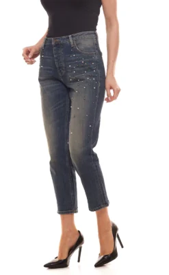 MUSTANG Boyfriend Tapered Jeans Bequeme Damen Boyfriend-Hose Mit Perlen Blau