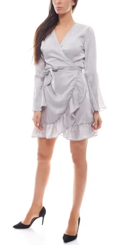 NA-KD X Qontrast Satin-Kleid Kurzes Damen Wickel-Kleid Mit Rüschen Silber -Mode Reich Geschaft 1533 000079 0014 Silver 1