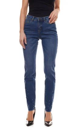 Aniston Skinny-Jeans Leicht Ausgefranste Damen Hose Mit Zierperlen Blau
