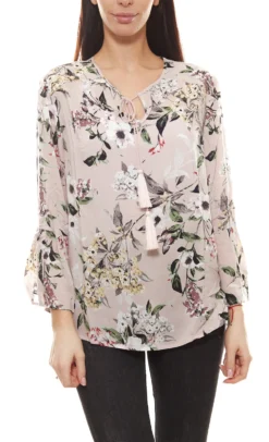 Aniston Blusenshirt Geblümte Damen Freizeit-Bluse Mit Bindeband Am Ausschnitt Rosa