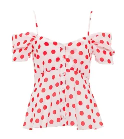 JIMMY SANDERS Damen Sommer-Bluse Off Shoulder-Bluse Mit Punkten Benilde Weiß/Rot -Mode Reich Geschaft 19S SHTW53026 V0001
