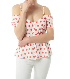 JIMMY SANDERS Damen Sommer-Bluse Off Shoulder-Bluse Mit Punkten Benilde Weiß/Rot -Mode Reich Geschaft 19S SHTW53026 V0001 2