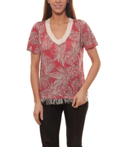 TUZZI Strick-Shirt Modisches Damen Fransen-Shirt Mit Ananas-Druck Rot/Weiß