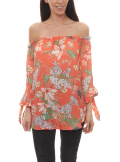 Cheer Sommer-Bluse Floral Bedruckte Damen Carmen-Bluse Mit 3/4-Ärmeln Orange