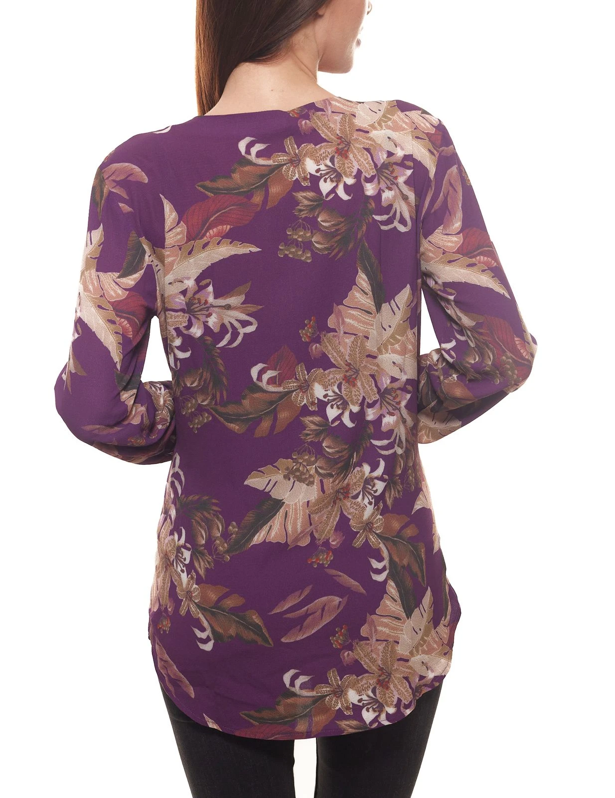 Laura Scott Bluse Tropische Damen Chiffon-Hemd-Bluse Mit Blätter-Print Violett 4 Laura Scott Bluse Tropische Damen Chiffon-Hemd-Bluse Mit Blätter-Print Violett – Bild 4