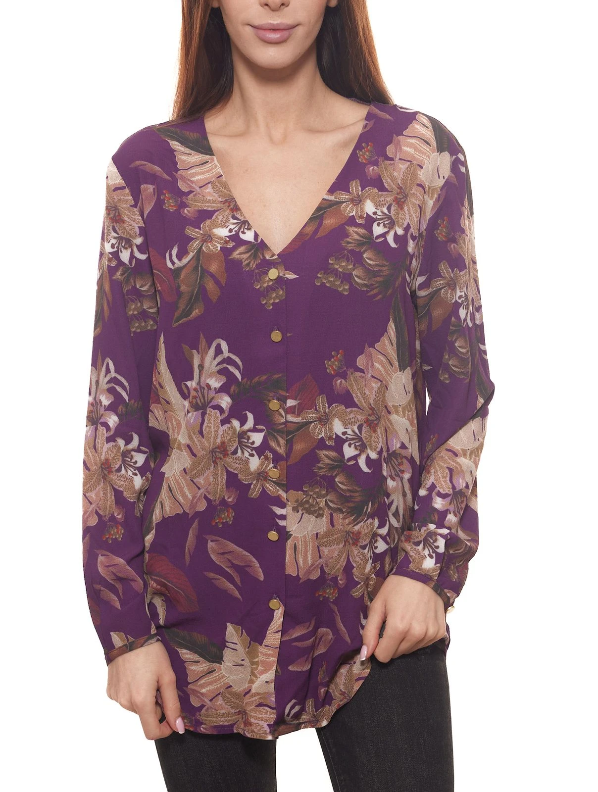 Laura Scott Bluse Tropische Damen Chiffon-Hemd-Bluse Mit Blätter-Print Violett 1 Laura Scott Bluse Tropische Damen Chiffon-Hemd-Bluse Mit Blätter-Print Violett