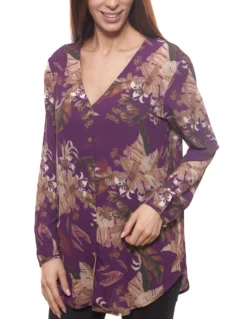 Laura Scott Bluse Tropische Damen Chiffon-Hemd-Bluse Mit Blätter-Print Violett 5 Laura Scott Bluse Tropische Damen Chiffon-Hemd-Bluse Mit Blätter-Print Violett -Mode Reich Geschaft 49601124 5