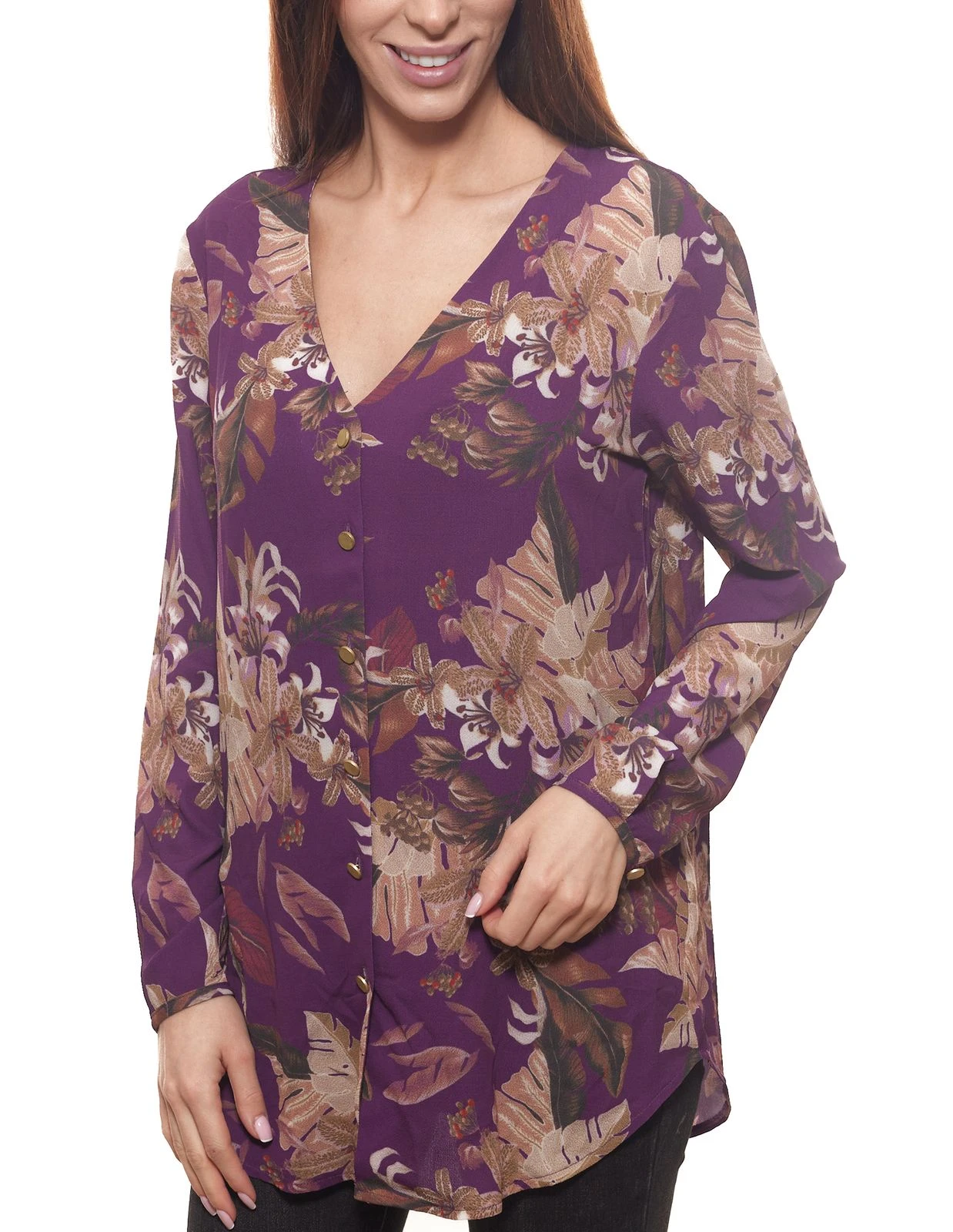 Laura Scott Bluse Tropische Damen Chiffon-Hemd-Bluse Mit Blätter-Print Violett 2 Laura Scott Bluse Tropische Damen Chiffon-Hemd-Bluse Mit Blätter-Print Violett – Bild 2