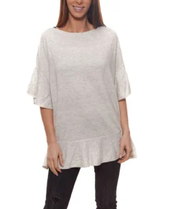 OUI Volant-Shirt Weiches Damen Rundhals-Shirt Mit Kaschmir-Anteil Hellgrau