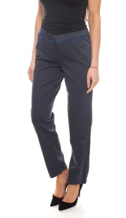AjC Chino-Hose Klassisch Schmale Damen Stoff-Hose Mit Kontrastpaspel Marine