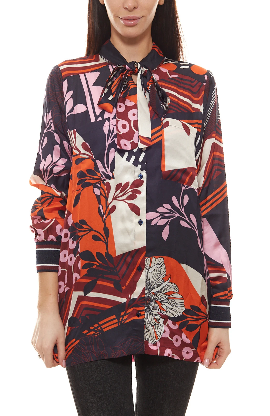 Laurél Bluse Stylische Damen Langarm-Bluse In Retromuster Und Kragen Mit Bindeband Bunt