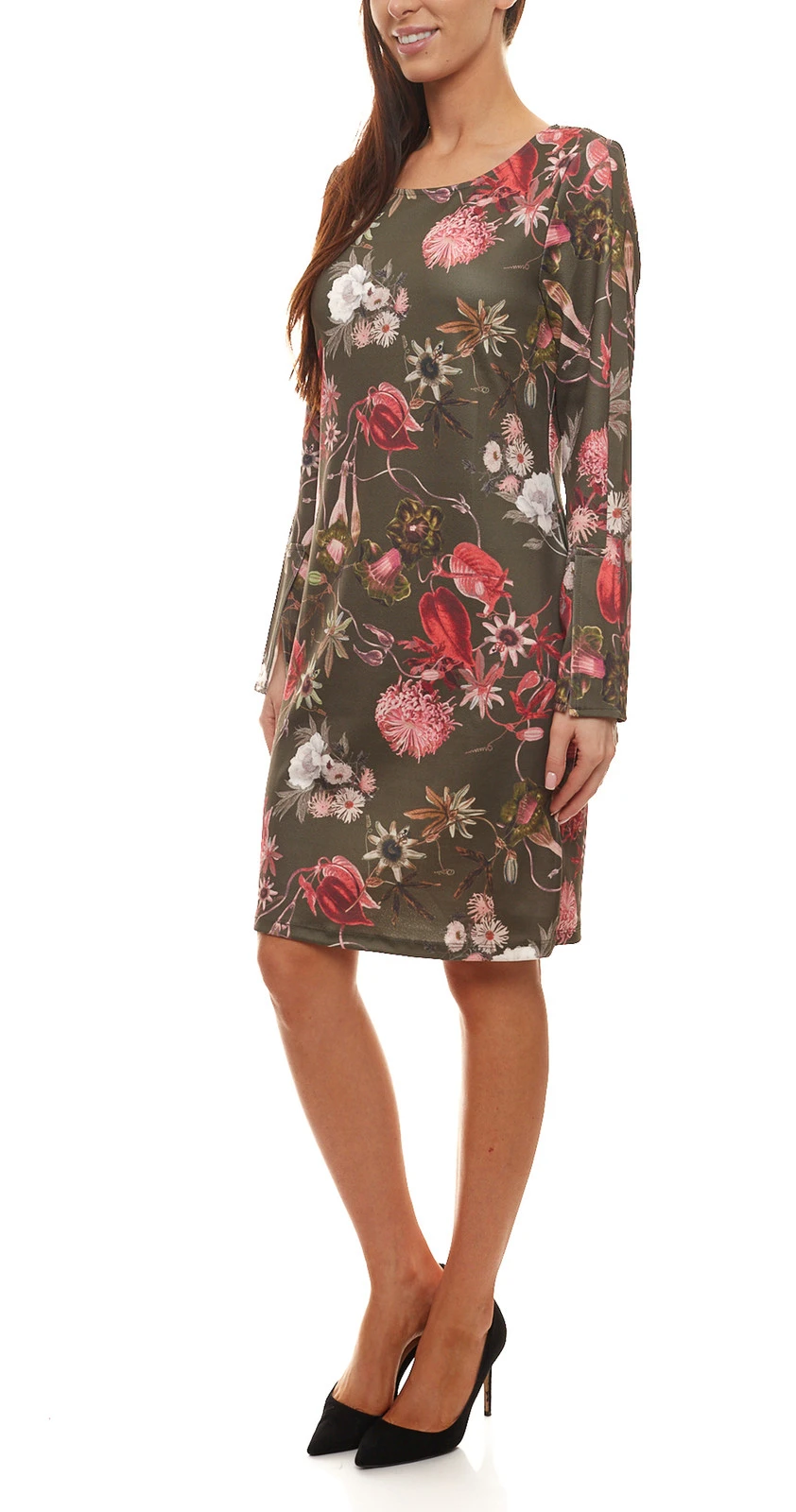 Aniston Selected Jersey-Kleid Langärmliges Damen Blümchen-Kleid Oliv/Rosa 3 Aniston Selected Jersey-Kleid Langärmliges Damen Blümchen-Kleid Oliv/Rosa – Bild 3