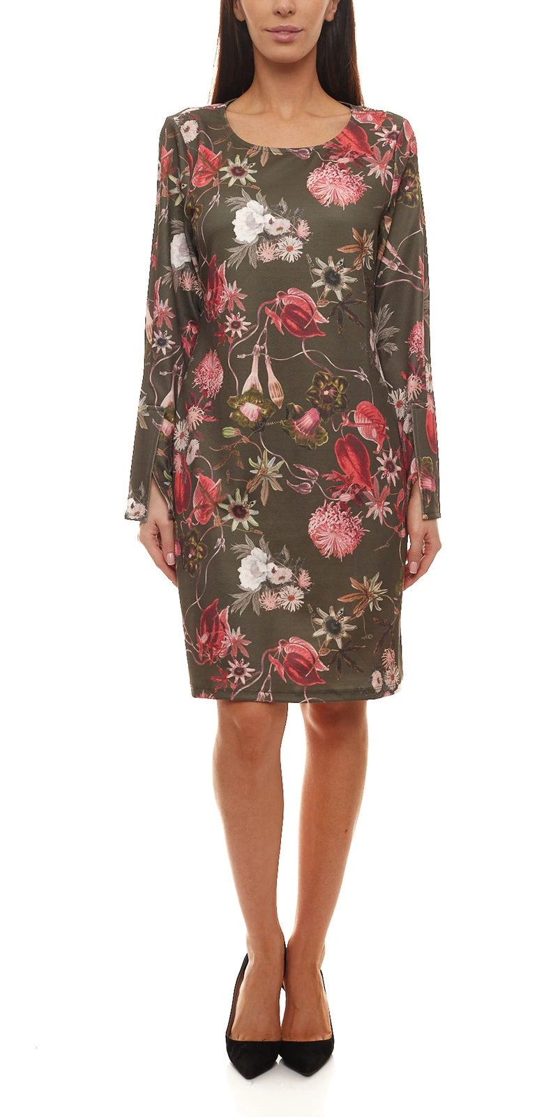 Aniston Selected Jersey-Kleid Langärmliges Damen Blümchen-Kleid Oliv/Rosa 1 Aniston Selected Jersey-Kleid Langärmliges Damen Blümchen-Kleid Oliv/Rosa