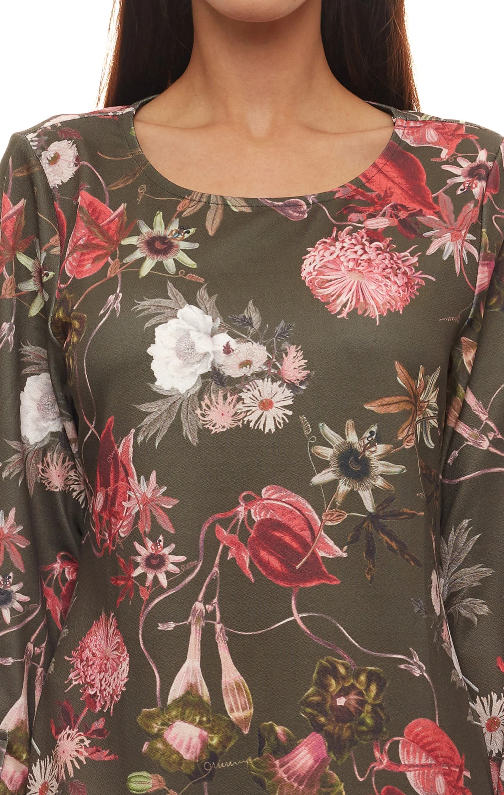 Aniston Selected Jersey-Kleid Langärmliges Damen Blümchen-Kleid Oliv/Rosa 2 Aniston Selected Jersey-Kleid Langärmliges Damen Blümchen-Kleid Oliv/Rosa – Bild 2