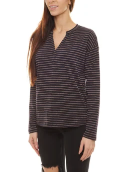 Le Temps Des Cerises Pamela Longsleeve-Bluse Gestreiftes Damen Herbst-Shirt Im Glitzerdesign Schwarz