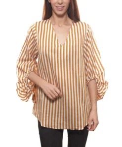 GUIDO MARIA KRETSCHMER Bluse Ausgefallene Damen Langarm-Bluse In Streifen-Optik Hellbraun/Weiß