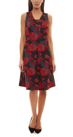 Aniston SELECTED Jersey-Kleid Geblümtes Damen Midi-Kleid Im Jacquard-Look Rot-Schwarz