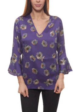 GUIDO MARIA KRETSCHMER Volant-Bluse Geblümte Damen Trend-Bluse Mit V-Ausschnitt Lila