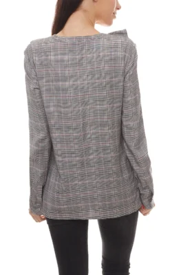 AjC Bluse Karierte Damen Shirt Mit Rüschen Und Schnürung Am Ausschnitt Hemd Grau-Schwarz -Mode Reich Geschaft 95949347