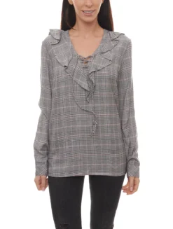AjC Bluse Karierte Damen Shirt Mit Rüschen Und Schnürung Am Ausschnitt Hemd Grau-Schwarz