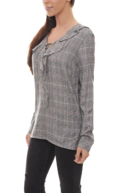 AjC Bluse Karierte Damen Shirt Mit Rüschen Und Schnürung Am Ausschnitt Hemd Grau-Schwarz -Mode Reich Geschaft 95949347 2