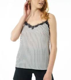 AUDEN CAVILL Begonia Damen Bluse Spaghetti-Top Mit Spitze AC19S SHTW4511 V1800 Weiß/Schwarz Gestreift