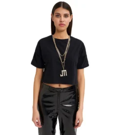 JEREMY MEEKS Damen Cropped-Shirt Daniela Mit Kette Schwarz