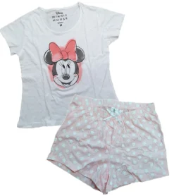 Disney Minnie Mouse Damen Pyjama Kurzer Baumwoll Sommer-Schlafanzug Weiß/Rosa