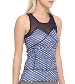 Adidas X Stella McCartney Fitness Tank-Top Kariertes Damen Sport-Shirt Mit Mesh-Details Blau/Weiß