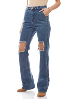 FUNKY BUDDHA Destroyed-Jeans Stylische Damen Hose Knee Cut Out Blau