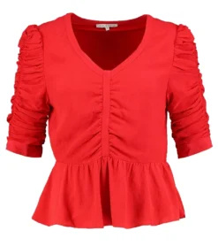 Mint &amp; Berry Shirt Stylische Crêpe-Bluse Für Damen Mit Gerafften Ärmeln Rot -Mode Reich Geschaft M32 SS18 2 1 E 057 2