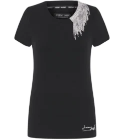 JEREMY MEEKS Damen Kurzarm-Shirt Nicoletta Mit Schmuck-Fransen Schwarz -Mode Reich Geschaft NICOLETTA 20S JMW2012 Black