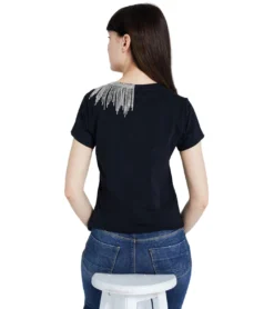 JEREMY MEEKS Damen Kurzarm-Shirt Nicoletta Mit Schmuck-Fransen Schwarz -Mode Reich Geschaft NICOLETTA 20S JMW2012 Black 2