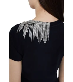 JEREMY MEEKS Damen Kurzarm-Shirt Nicoletta Mit Schmuck-Fransen Schwarz -Mode Reich Geschaft NICOLETTA 20S JMW2012 Black 4