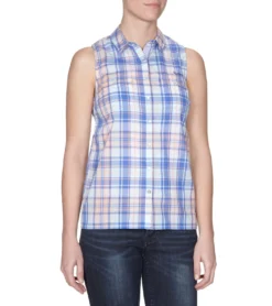 Pepe Jeans Atkinson Blusen-Top Luftiges Damen Hemd Ärmellos Mit Karomuster Blau/Orange